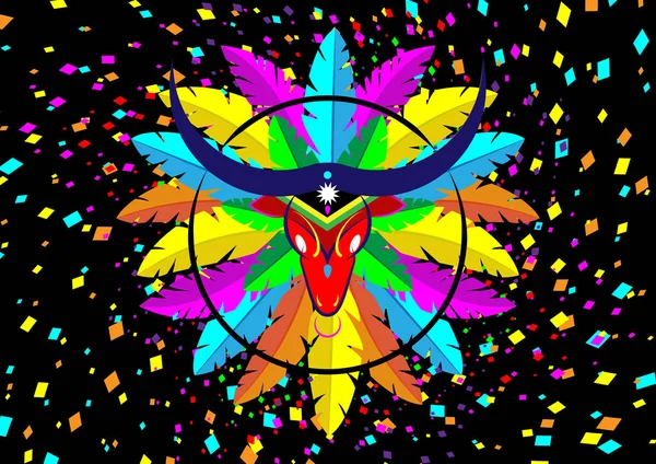 Carnaval de Barranquilla, fiesta de carnaval colombiana. Ilustración vectorial, póster y volante. Logo Cartoon Bull Máscara icono con plumas de colores. Fondo confeti aislado o negro y multicolor — Vector de stock