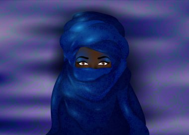 Mavi tuareg eşarp takan güzel bir kadının portresi. Afrika kabile göçebelerinden oluşan ulusal kostümlü genç bir kız. Mavi etnik türbanlı berber kadınlar ve eski giysiler, vektör mavi gece arka planı 