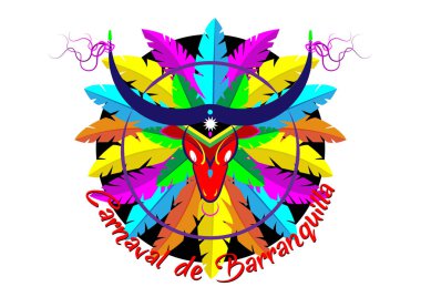 Barranquilla Karnavalı, Kolombiya karnaval partisi. Vektör illüstrasyon, poster ve el ilanı. Renkli tüyleri olan Logo Karikatür Boğa Maskesi Simgesi. Ayrı veya beyaz arkaplan