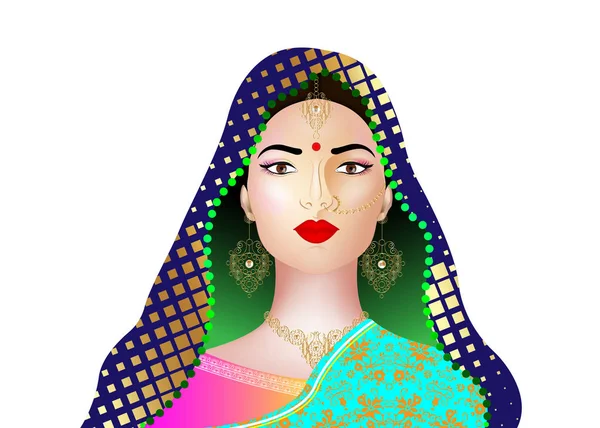 Beautiful indian brunette young woman in colorful sari with luxury gold jewelry. Bollywood star traditional fashion. Precious Wedding bride's outfit. Vector illustration isolated or white background — Stock Vector
