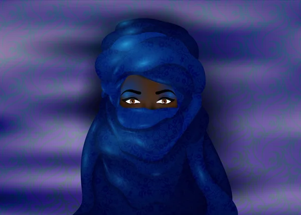 Potret wanita cantik mengenakan selendang biru. Gadis muda berkostum nasional pengembara suku Afrika. Wanita Berber dalam etnis biru Turban dan pakaian kuno, latar belakang malam biru vektor - Stok Vektor