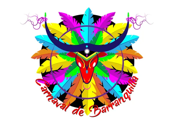 Carnaval de Barranquilla, festa de carnaval colombiana. Ilustração vetorial, cartaz e panfleto. Logo Cartoon Bull Máscara Ícone com penas coloridas. Fundo isolado ou branco — Vetor de Stock