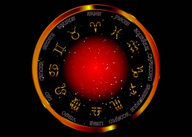 Zodyak çarkı, altın astrolojik işaretler, yıldız falının altın görüntüsü. Burç burcu işaretleri. Astroloji sembolleri yerleştirildi. Koyu kırmızı gece gökyüzü ve yıldızlar, vektör siyah arkaplan