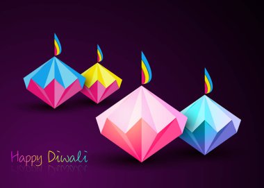 Origami stili Hint Diya Yağ Lambaları 'nın elmas şeklinde katlanmış kağıt Düz Tasarım Grafik Tasarımı' nda Mutlu Diwali Kutlamaları. Renkli Işık Festivali. Mor arkaplanda izole edilmiş vektör 