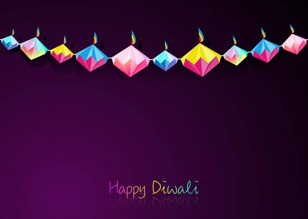 Happy Diwali Celebration Indische gors in Origami stijl Grafisch ontwerp van Indische Diya Olielampen in diamantvorm, gevouwen papier Flat Design. Kleurrijk Festival van Licht. Vector geïsoleerd op paars — Stockvector