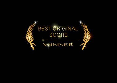 Altın vektör en iyi orjinal skorer konsept şablonu altın parlak metin izole veya siyah arkaplan. En iyi özgün film müziği ödül simgesi