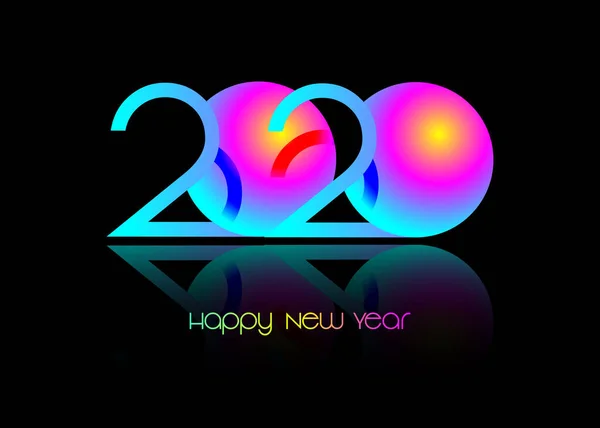 2020 Feliz ano novo, símbolo em néon luminoso, vetor colorido isolado em fundo preto. Design de cartão abstrato com gradiente de néon para celebração de festa — Vetor de Stock