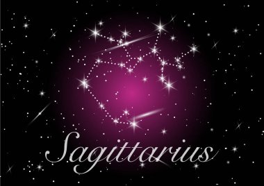 Sagittarius Zodyak takımyıldızları gökada ve uzayda güzel yıldızlı gökyüzüne işaret gönderirler. Archer, derin mor kozmos arkaplanındaki yıldız yıldız takımyıldızını imzala