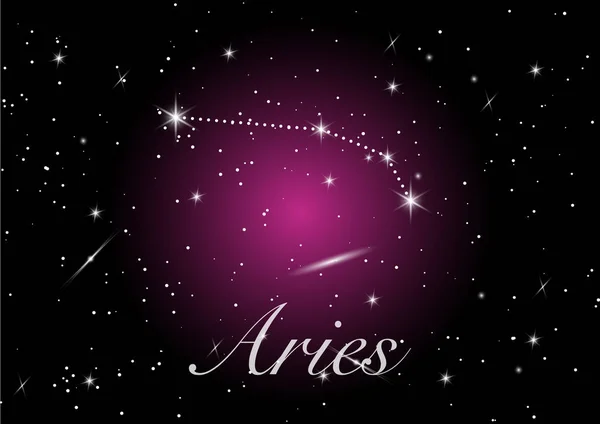 Ariete costellazioni zodiacali segno sul bel cielo stellato con la galassia e lo spazio dietro. Ariete costellazione simbolo oroscopo su sfondo profondo cosmo viola vettore . — Vettoriale Stock