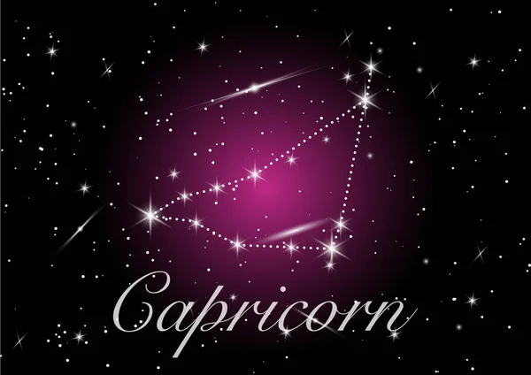 Capricorn zodiac constellations sign on beautiful starry sky with galaxy and space behind. Goat horoscope symbol constellation on deep purple cosmos background — Stock Vector