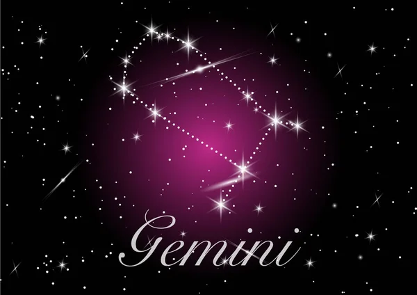 Zodiakalne konstelacje Gemini oznaczają na pięknym gwiaździstym niebie galaktykę i przestrzeń. Symbol horoskopu Gemini na fioletowym tle wektora kosmosu. — Wektor stockowy