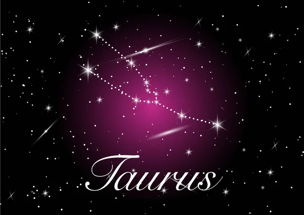Konstelacje zodiaku Taurus są oznakowane na pięknym gwiaździstym niebie z galaktyką i przestrzenią za sobą. Symbol horoskopu Taurus na fioletowym tle wektora kosmosu. — Wektor stockowy