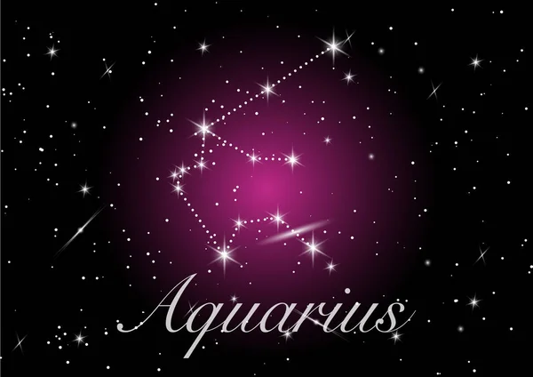 Aquarius zodiac constellations sign on beautiful starry sky with galaxy and space behind. Aquarium horoscope symbol constellation on deep purple cosmos background — Stock Vector