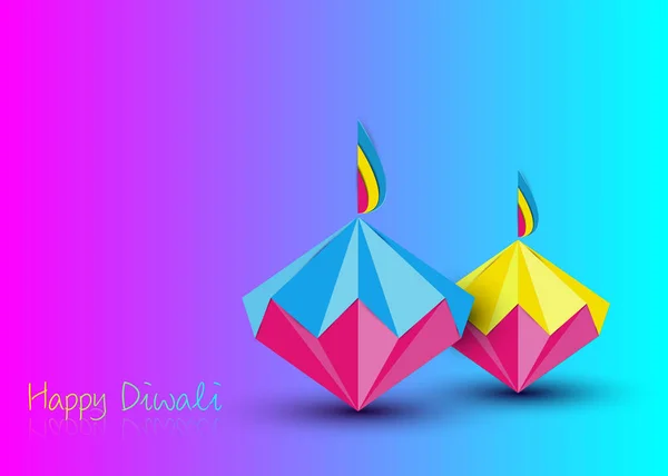 Happy Diwali Celebrazione in stile Origami Design grafico delle lampade a olio indiane Diya a forma di diamante, carta piegata Design piatto. Festa colorata delle luci. Vettore isolato su sfondo colori vivaci — Vettoriale Stock