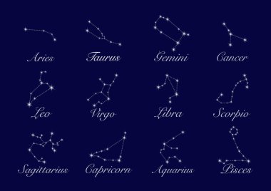 Takımyıldızları, 12 burç burcundan oluşan bir koleksiyon yapın. Koç, Taurus, Leo, Gemini, Başak, Akrep, Terazi, Kova, Yay, Balık, Oğlak, Kanser. Mavi arkaplanda izole edilmiş vektör