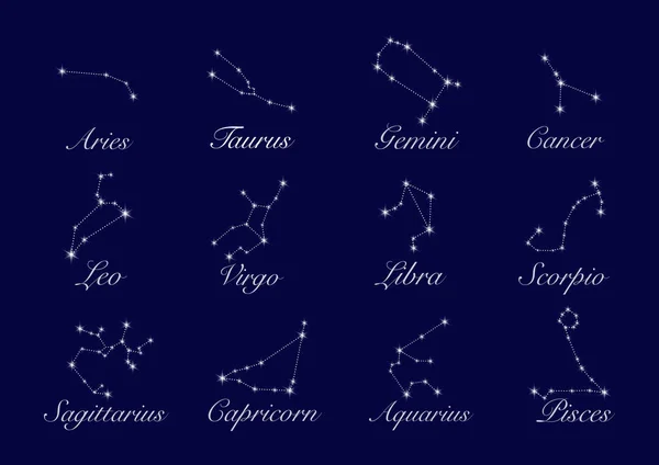 Constelaciones, colección de 12 signos del zodiaco con títulos. Aries, Tauro, Leo, Géminis, Virgo, Escorpio, Libra, Acuario, Sagitario, Piscis, Capricornio, Cáncer. Vector, aislado sobre fondo azul — Vector de stock