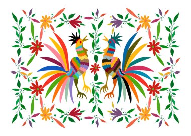 Ethnic Mexican tapestry with embroidery floral and roosters jungle animals hand-made. Naive print folk decorations. latin, Spanish, mediterranean style. Colorful  elements textile embroidery isolated  clipart