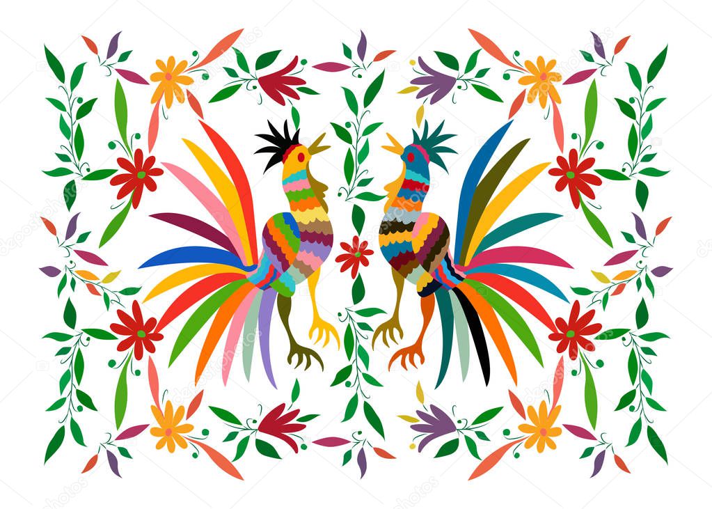 Ethnic Mexican tapestry with embroidery floral and roosters jungle animals hand-made. Naive print folk decorations. latin, Spanish, mediterranean style. Colorful  elements textile embroidery isolated 