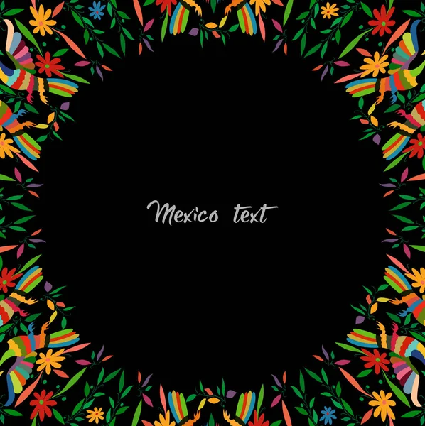 Otomi στυλ, πολύχρωμο μεξικάνικο παραδοσιακό υφασμάτινο στυλ κεντήματα από Tenango, Hidalgo Mxico. Round Copy Space Floral and peacocks Σύνθεση, μαύρο φόντο — Διανυσματικό Αρχείο