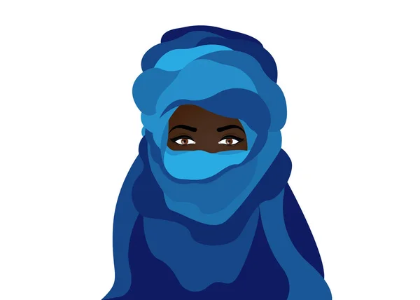 Portrait of beautiful woman wearing blue tuareg scarf. Young girl in national costume of african tribal nomads. Blue ethnic Turban and ancient clothes vector isolated or white background — Stock Vector