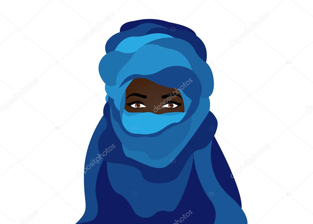 Portrait of beautiful woman wearing blue tuareg scarf. Young girl in national costume of african tribal nomads. Blue ethnic Turban and ancient clothes vector isolated or white background 