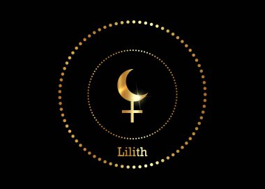 Lilith Black Moon 'un altın rengi, sahte kurgusal ay, Ay' ın yörüngesi boş odak noktası. Hiyerogliflerin karakter işareti, siyah arkaplanda izole edilmiş altın vektör 