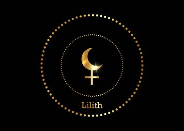 Lilith Black Moon in gold color, false fictive moon, apogee point of lunar orbit empty focus. Hieroglyphics character sign, golden vector isolated on black background  clipart