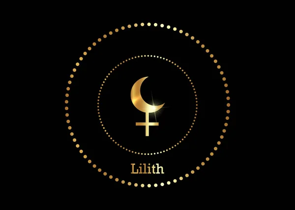 Лилит Черная Луна в золотом цвете, фальшивая вымышленная луна, точка апогея лунной орбиты с пустым фокусом. Символический знак иероглифов, золотой вектор на черном фоне — стоковый вектор