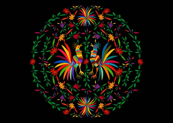 Otomi stijl, Etnische Mexicaanse tapijt met ronde borduurwerk bloemen en hanen jungle dieren met de hand gemaakt. Naïeve print folk decoraties. Latijn, Spaans, mediterrane cultuur. Kleurrijke elementen textiel — Stockvector