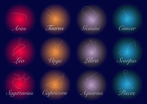 Constellations, set collection of 12 zodiac signs with titles. Aries, Taurus, Leo, Gemini, Virgo, Scorpio, Libra, Aquarius, Sagittarius, Pisces, Capricorn, Cancer. Vector, isolated on blue background — Stock Vector