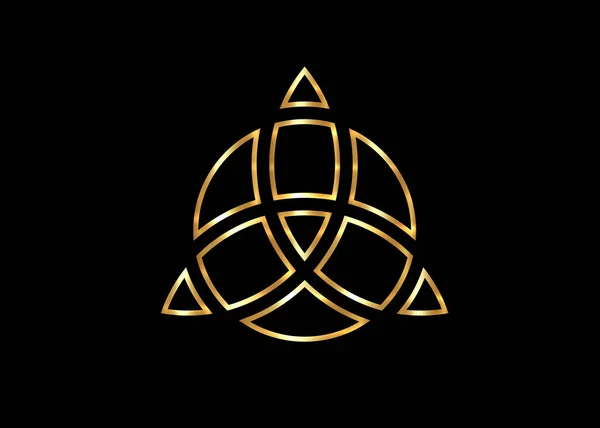 Logo geometryczne Triquetra, Złoty Węzeł Trójcy, wikański symbol ochrony. Wektor Celtic węzeł trójkowy izolowany na czarnym tle. Golden Wiccan Starożytny symbol wróżby okultystycznej — Wektor stockowy