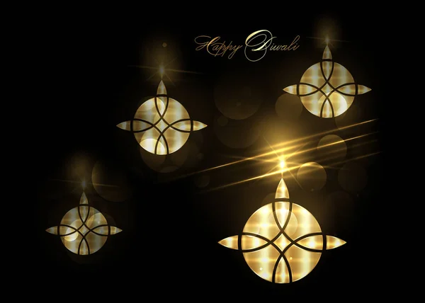 Elegantní luxus Happy Diwali indické světla festival černý pozdrav karta šablony. Hinduistické Diwali ornament a světlo svíčky plamen, hořící zlaté olejové lampy noční efekt, světle černé pozadí — Stockový vektor
