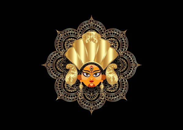 Ilustración de Diosa Durga Cara en Happy Durga Puja Subh Navratri Indio encabezado religioso fondo de la bandera con mandala de oro de lujo. Vector aislado sobre fondo negro — Vector de stock