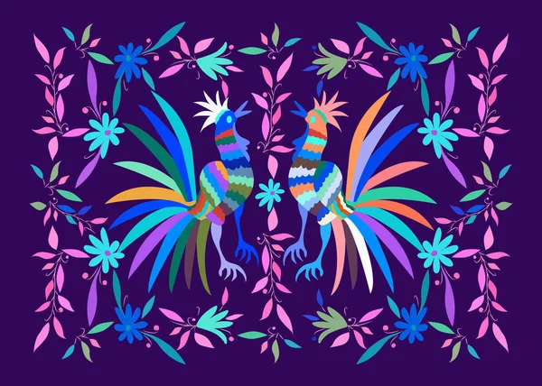 Tapiz mexicano étnico con bordados florales y gallos animales de la selva hechos a mano. Decoraciones populares impresas ingenuas. estilo latino, español, mediterráneo. Elementos coloridos bordado textil aislado — Vector de stock