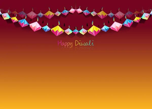 Feliz Diwali Celebração Indian bunting em estilo Origami Projeto gráfico de Indian Diya Oil Lâmpadas em forma de diamante, papel dobrado Flat Design. Festival Colorido de Luzes. Vetor isolado em laranja — Vetor de Stock