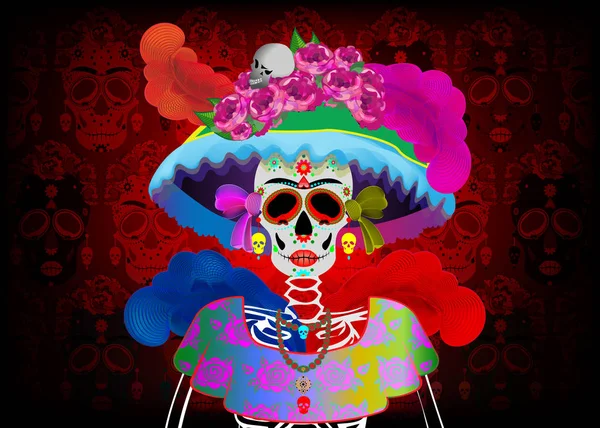 Catrina La Calavera. Catrina é uma personagem da cultura popular mexicana que representa a morte e faz parte do imaginário coletivo que se refere à celebração do Dia dos Mortos. — Vetor de Stock