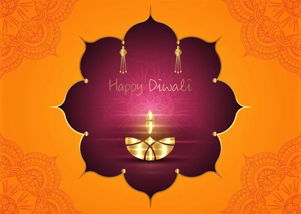 Gelukkig Diwali lichtfestival. Luxe olie gouden lamp op mandala achtergrond nacht hemel, Hindoe Diwali gouden ornament en oranje kleur, vector Illustratie — Stockvector