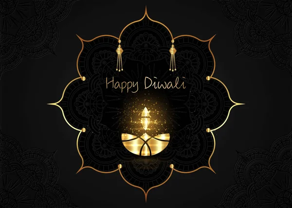 Feliz festival Diwali de luces. Lámpara de oro de aceite de lujo sobre flor de oro mandala fondo cielo nocturno, hindú Diwali ornamento de oro y color negro, vector Ilustración — Vector de stock