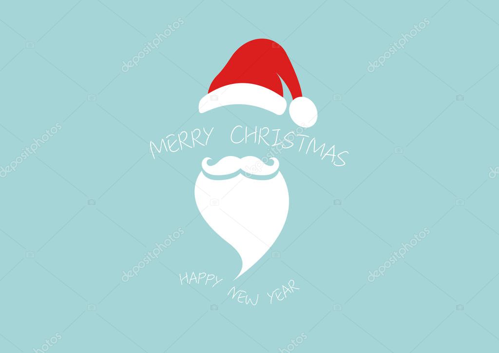 Santa Claus with red hat and white beard logo design, Merry Christmas and Happy New Year isolated on blue background
