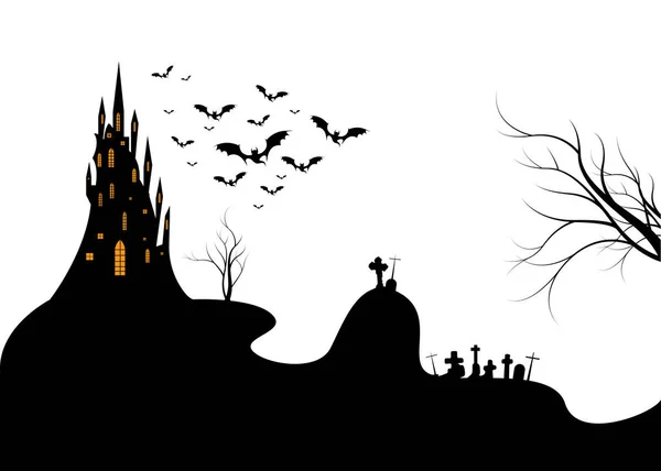 Halloween noite fundo com um castelo e cemitério, ilustração vetorial isolado no fundo branco com espaço de cópia —  Vetores de Stock