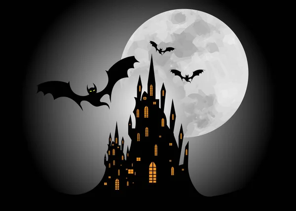 Illustration vectorielle mystique, fond rouge foncé sur fond de pleine lune effrayant avec des silhouettes de personnages et des chauves-souris effrayantes au château hantée gothique. Conception graphique pour la fête d'Halloween — Image vectorielle