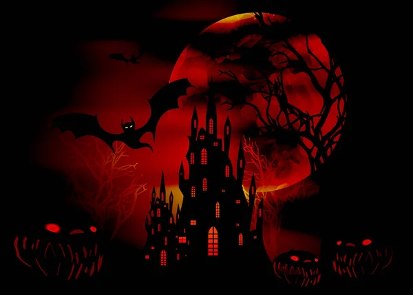 Ilustração mística vetorial, fundo vermelho escuro sobre um fundo sangrento de lua grande com silhuetas de personagens e morcegos assustadores com castelo assombrado gótico. Projeto gráfico para festa de Halloween — Vetor de Stock