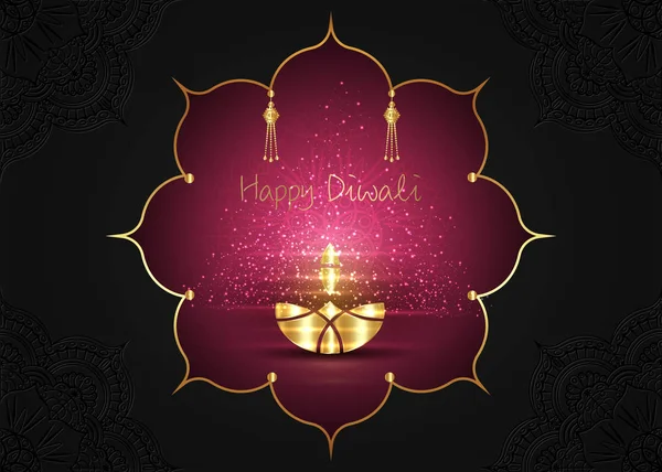 Feliz festival Diwali de luces. Lámpara de oro de aceite de lujo sobre flor de oro mandala fondo cielo nocturno, hindú Diwali ornamento de oro negro y magenta color, vector Ilustración — Vector de stock