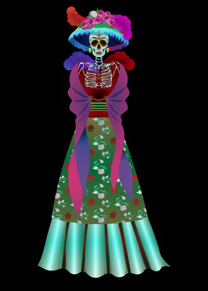 Catrina La Calavera. Catrina is een personage uit de mexicaanse volkscultuur die de dood voorstelt en maakt deel uit van het collectief imaginair dat verwijst naar de viering van de Dag van de Doden — Stockvector