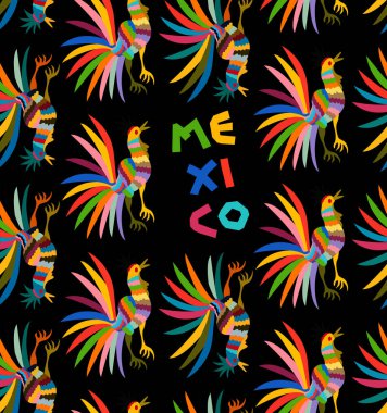 Seamless Ethnic Mexican embroidery colorful roosters jungle animals hand-made. Otomi culture naive print folk decorations. Paper cut text, mediterranean style. elements textile isolated on black clipart