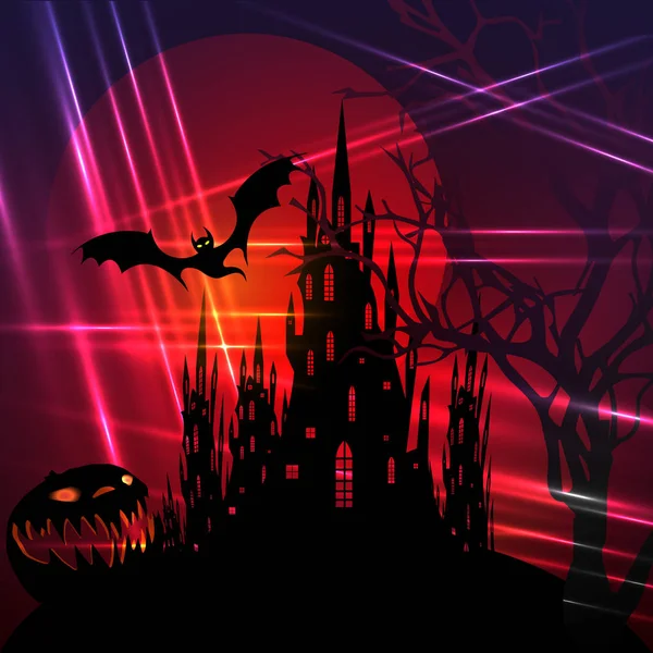 神秘的矢量图解，黑暗的红色背景在血淋淋的大月亮背景与人物形象轮廓和可怕的蝙蝠哥特式闹鬼城堡，激光束。 平面设计万圣节派对 — 图库矢量图片