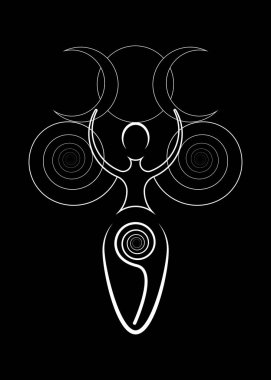 Spiral doğurganlık tanrıçası, Wiccan Pagan sembolleri, yaşamın spiral döngüsü, ölüm ve yeniden doğuş. Kara arkaplanda izole edilmiş cadı ana toprak sembolü, vektör dövme simgesi.