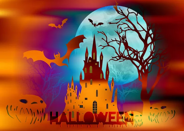 Mystische Vektorillustration, dunkelorangefarbener Hintergrund auf gespenstischem Vollmondhintergrund mit Silhouetten von Charakteren und gruseligen Fledermäusen mit gotischen Spukschlössern. Grafikdesign für die Halloween-Party — Stockvektor