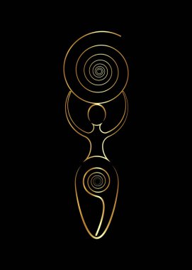 spiral goddess of fertility, Wiccan Pagan Symbols, The spiral cycle of life, death and rebirth. Wicca woman mother earth symbol of sexual procreation, gold vector tattoo sign icon isolated on black clipart