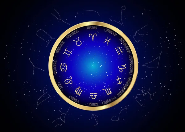 Rueda del zodiaco y constelaciones, conjunto de colección de 12 signos del zodiaco, Aries, Tauro, Leo, Géminis, Virgo, Escorpio, Libra, Acuario, Sagitario, Piscis, Capricornio, Cáncer. Vector, aislado en azul — Archivo Imágenes Vectoriales